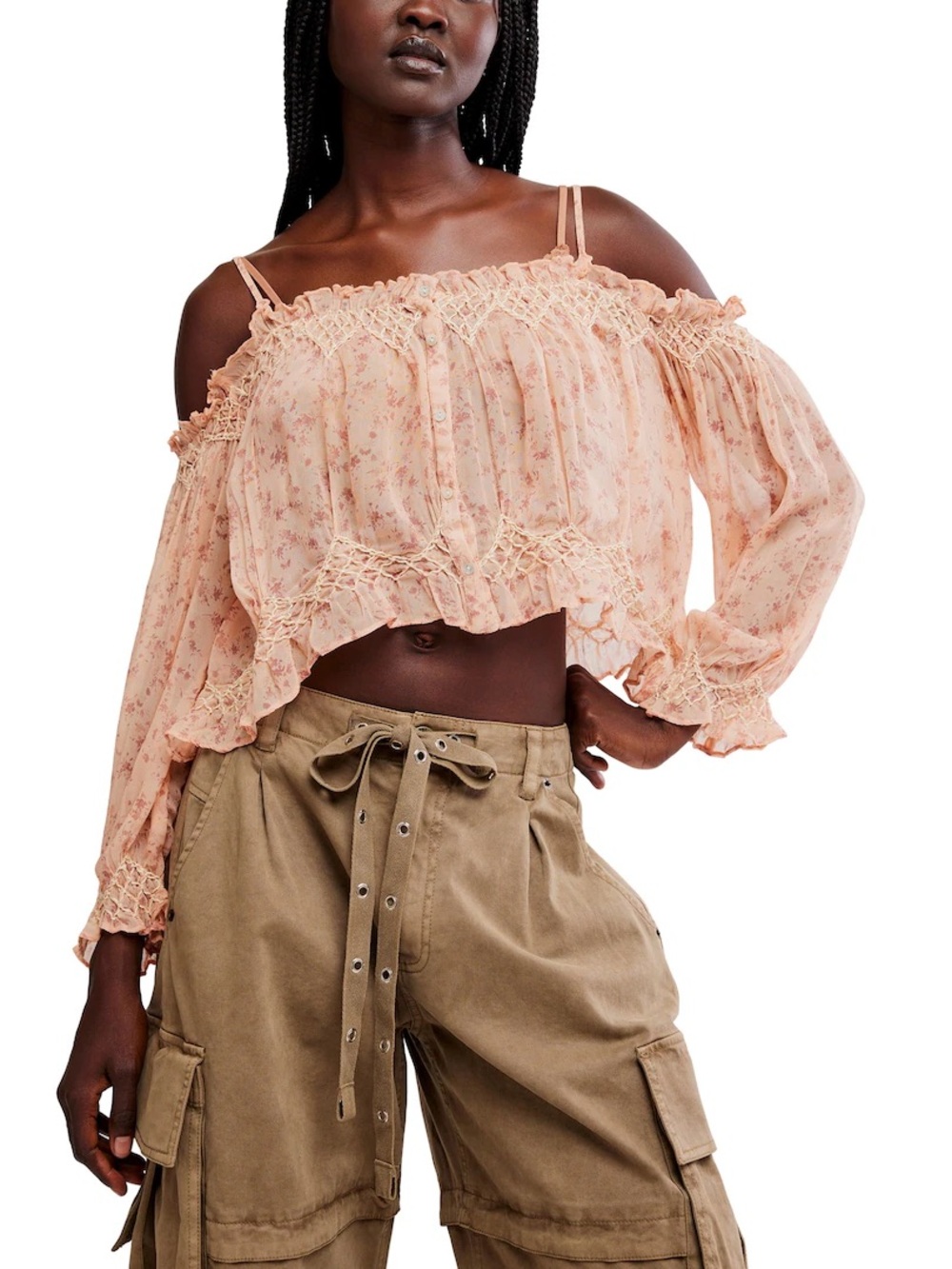 Free People Peach Floral Off-Shoulder Smocked Crop Top